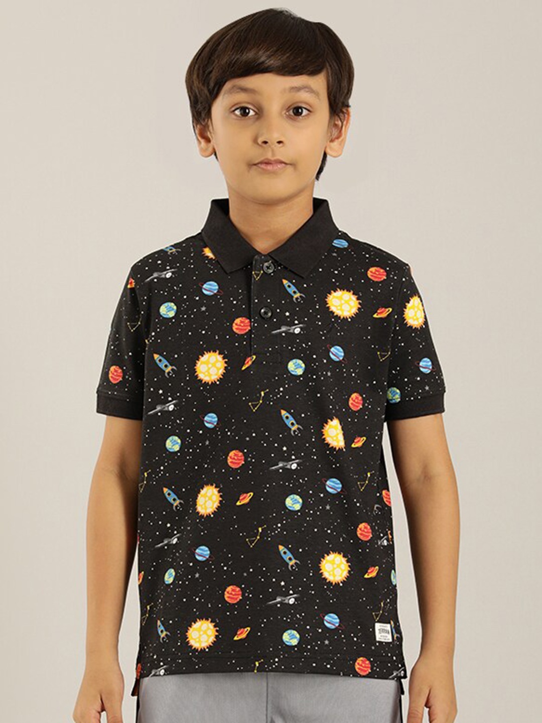 

Indian Terrain Boys Graphic Printed Cotton Polo Collar T-shirt, Black