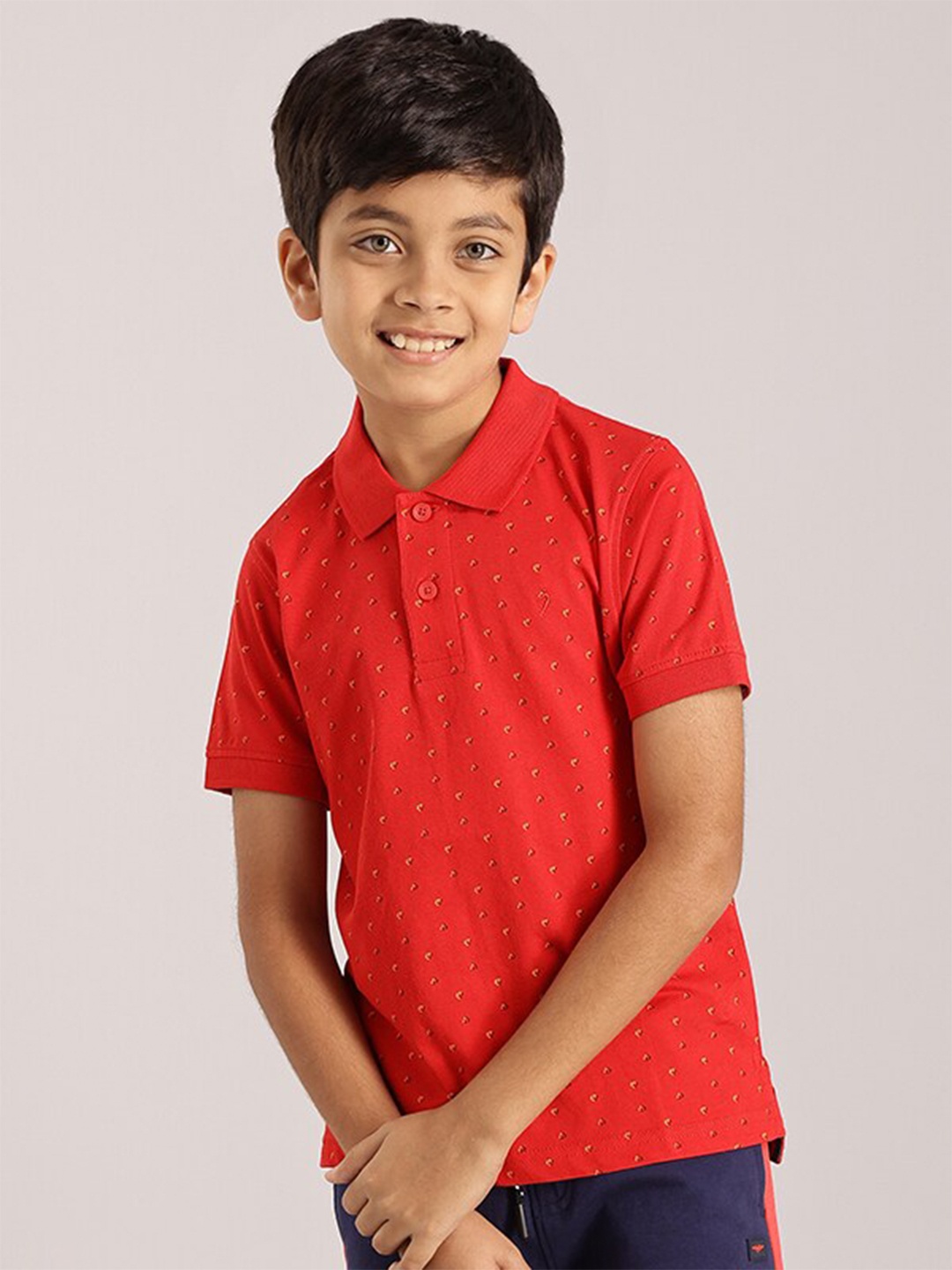 

Indian Terrain Boys Geometric Printed Polo Collar Cotton T-shirt, Red