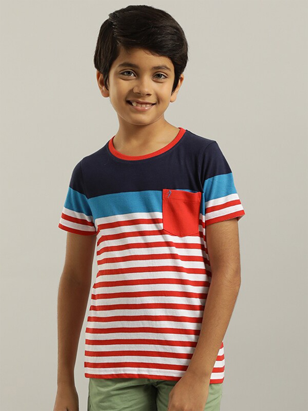 

Indian Terrain Boys Striped Round Neck Pure Cotton T-shirt, Red