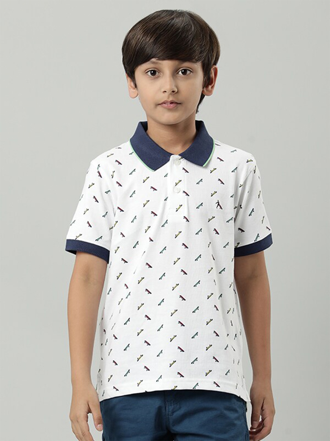 

Indian Terrain Boys Conversational Printed Polo Collar Pure Cotton T-shirt, White
