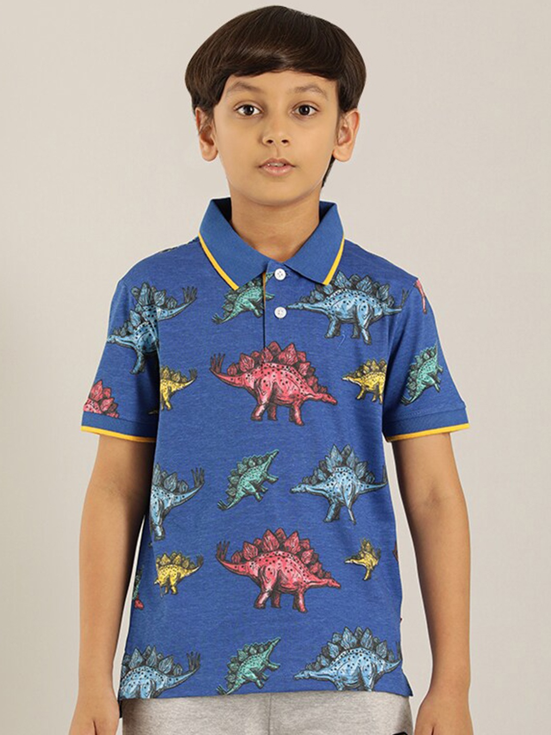 

Indian Terrain Boys Dino Printed Polo Collar Pure Cotton T-Shirt, Blue