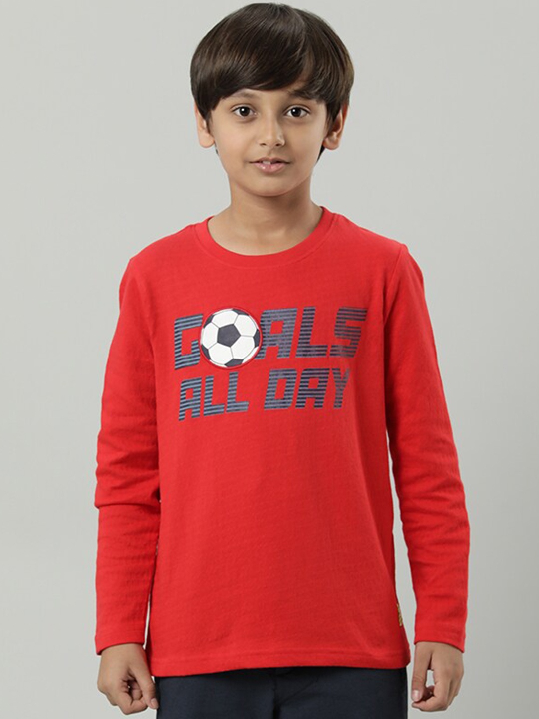

Indian Terrain Boys Typography Printed Long Sleeves Pure Cotton T-shirt, Red