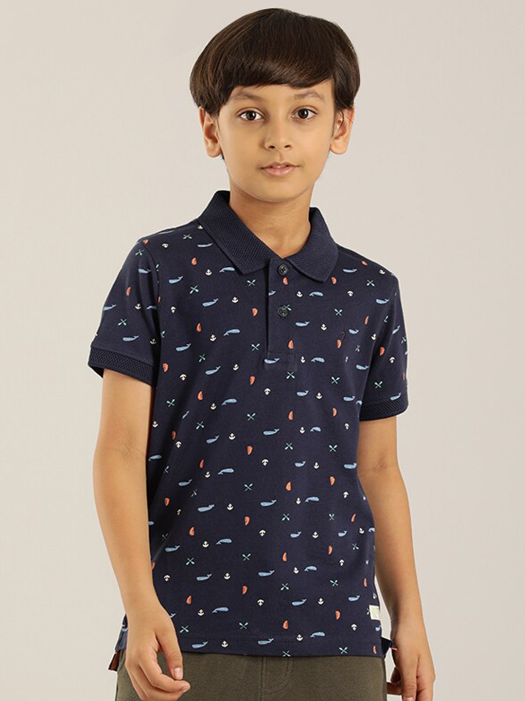 

Indian Terrain Boys Conversational Printed Polo Collar Pure Cotton T-shirt, Navy blue