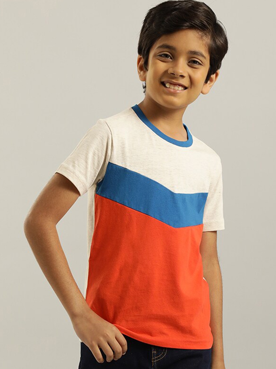 

Indian Terrain Boys Striped Round Neck Pure Cotton T-shirt, Orange