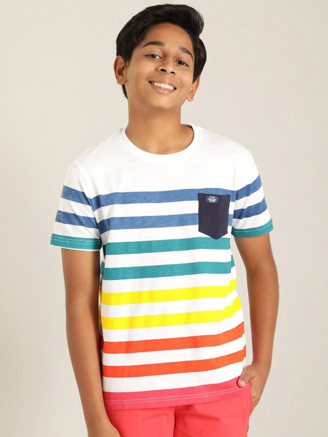 

Indian Terrain Boys Striped Round Neck Pure Cotton T-shirt, White