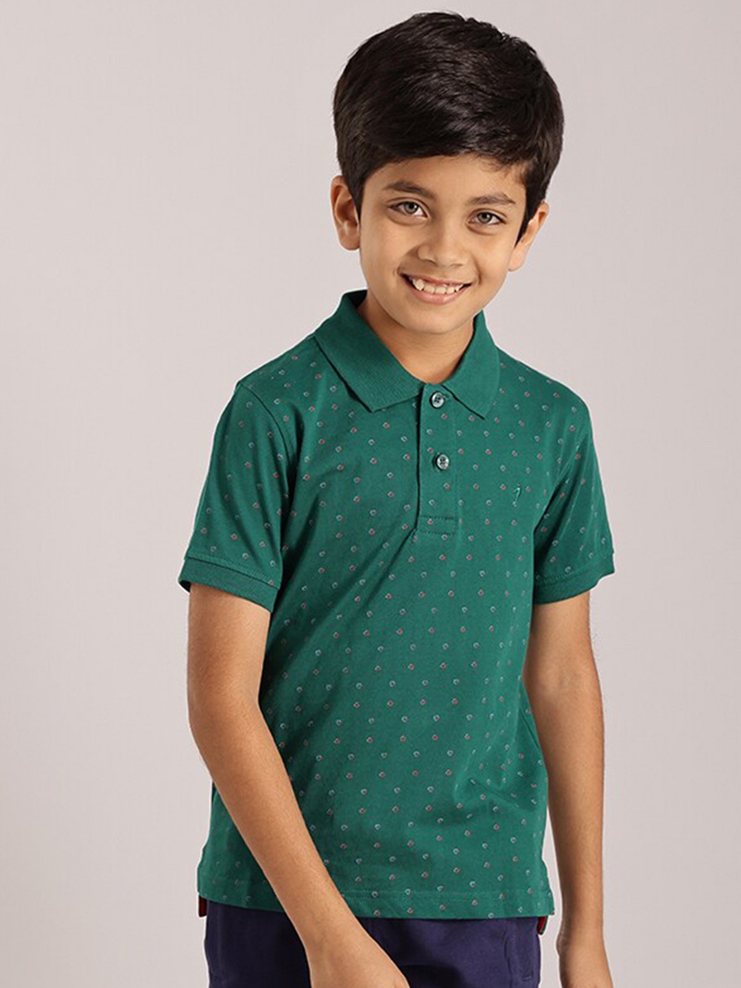 

Indian Terrain Boys Geometric Printed Polo Collar Pure Cotton T-shirt, Green