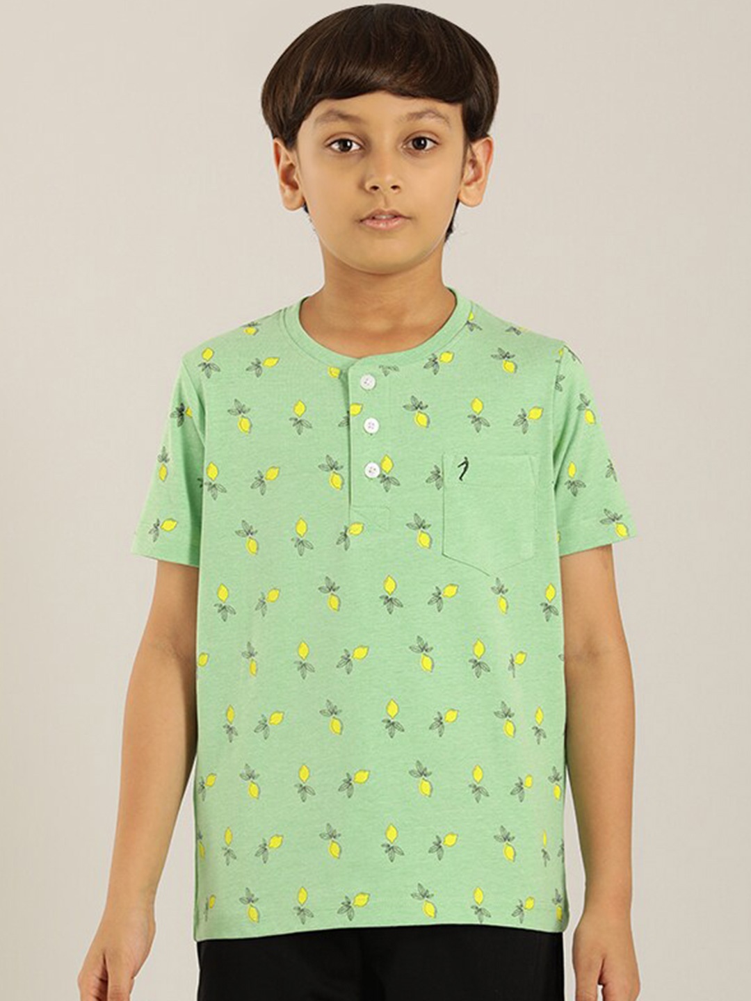 

Indian Terrain Boys Conversational Printed Henley Neck T-shirt, Green