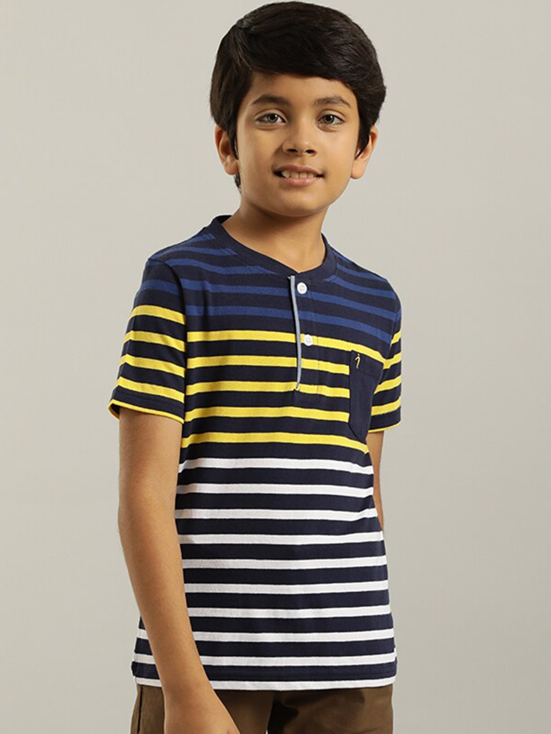 

Indian Terrain Boys Striped Henley Neck Pure Cotton T-shirt, Navy blue