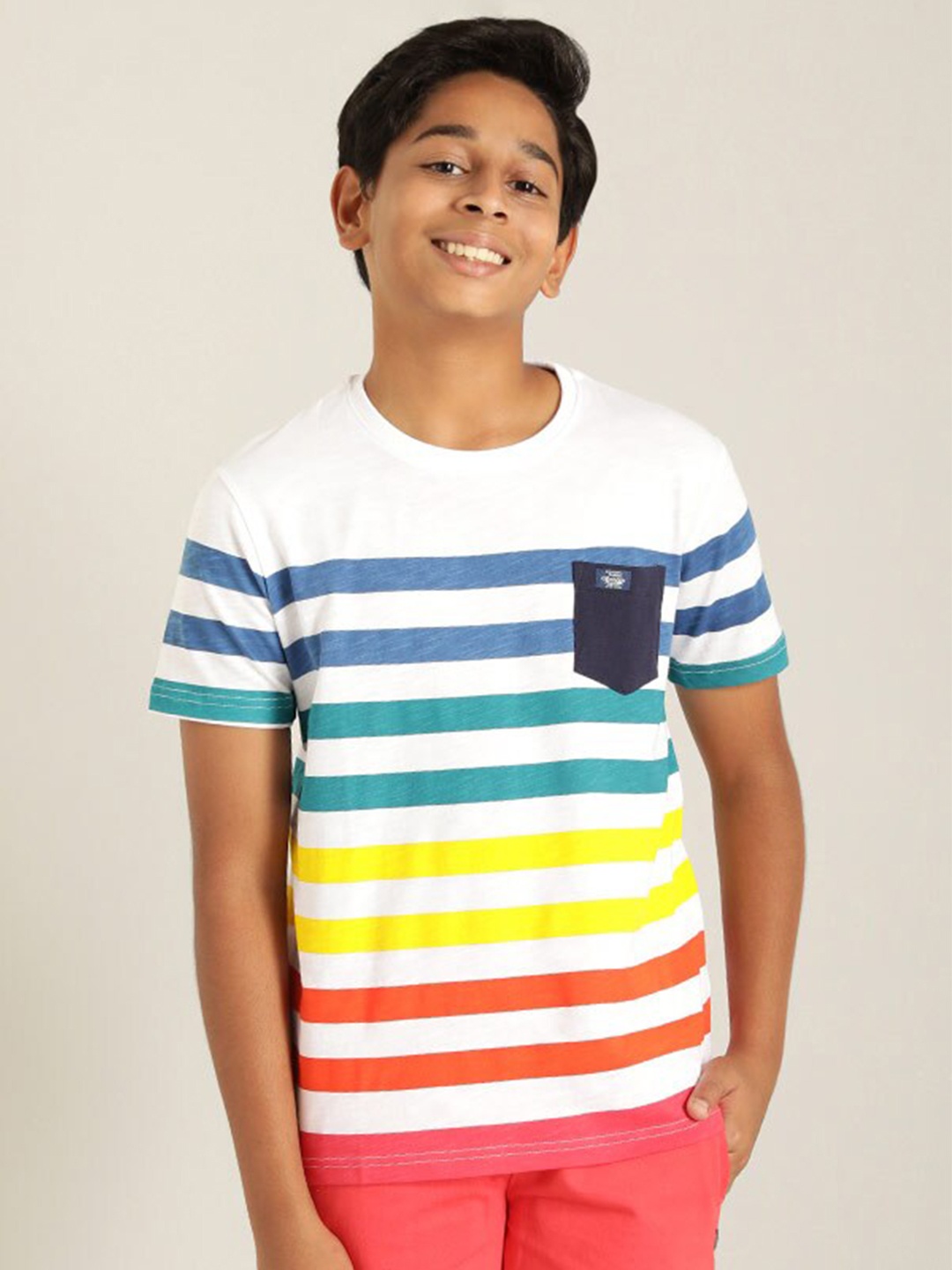 

Indian Terrain Boys Striped Pure Cotton T-shirt, White
