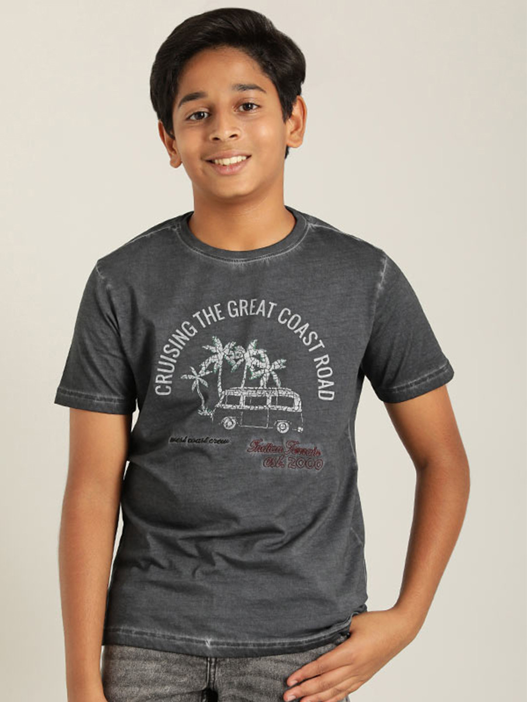 

Indian Terrain Boys Typography Printed Round Neck Pure Cotton T-shirt, Navy blue
