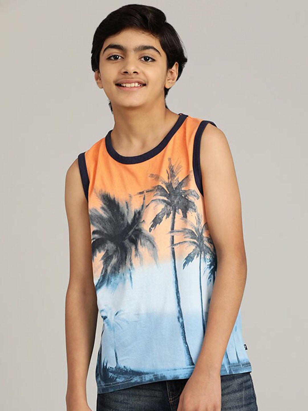

Indian Terrain Boys Tropical Printed Sleeveless Pure Cotton T-shirt, Orange