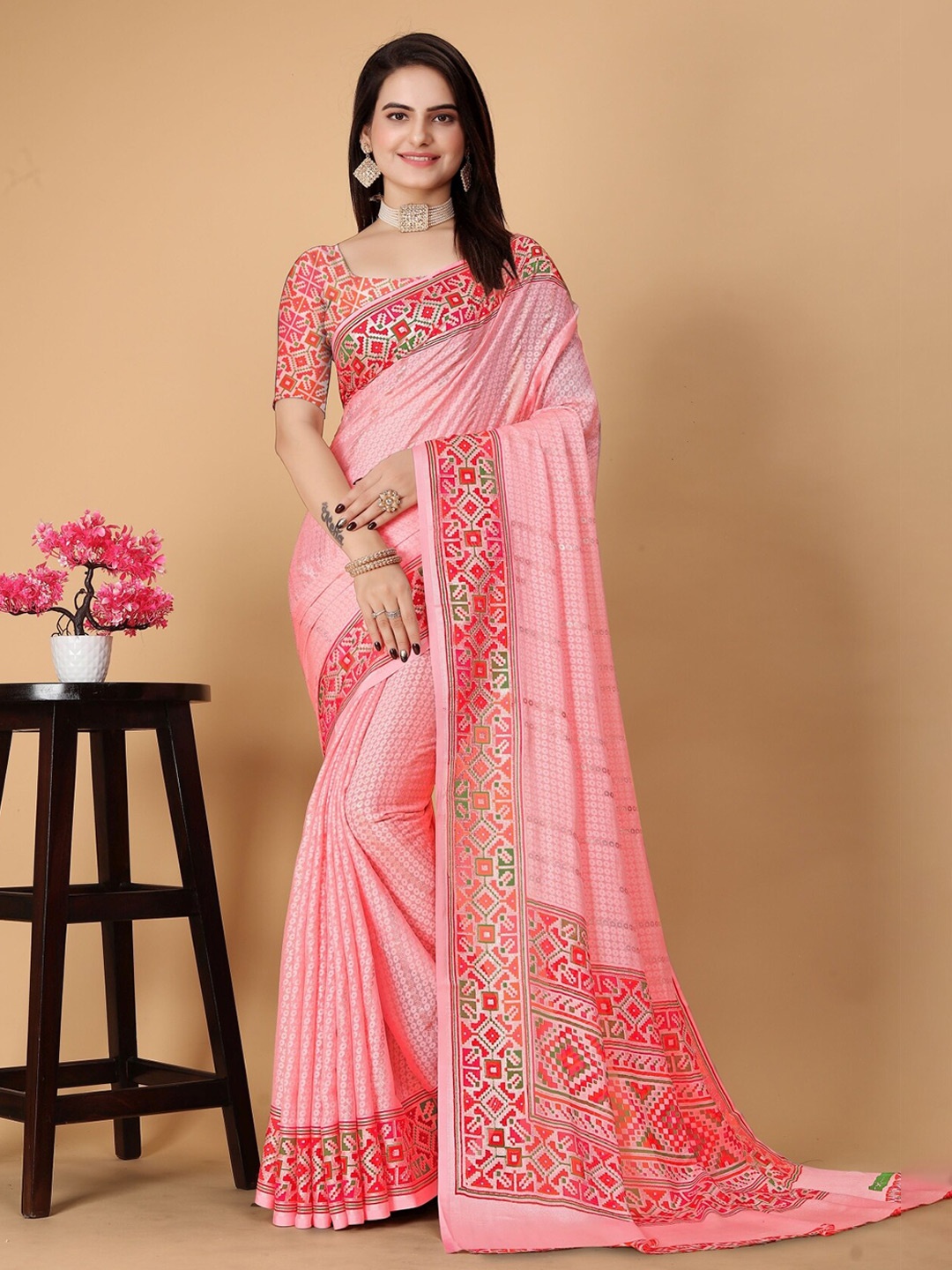 

KALINI Ethnic Motifs Printed Brasso Saree, Pink