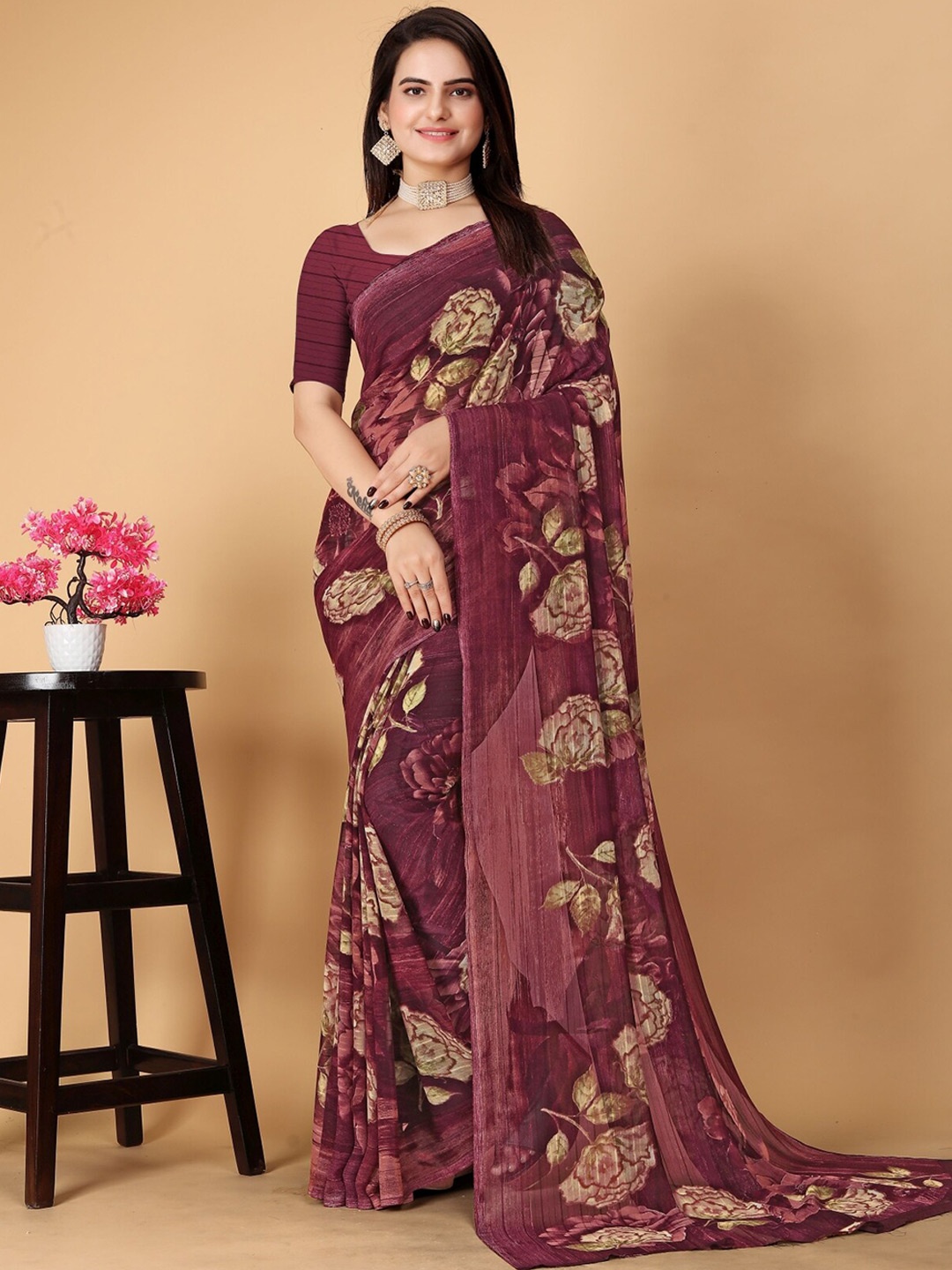 

KALINI Floral Printed Pure Georgette Designer Saree, Violet