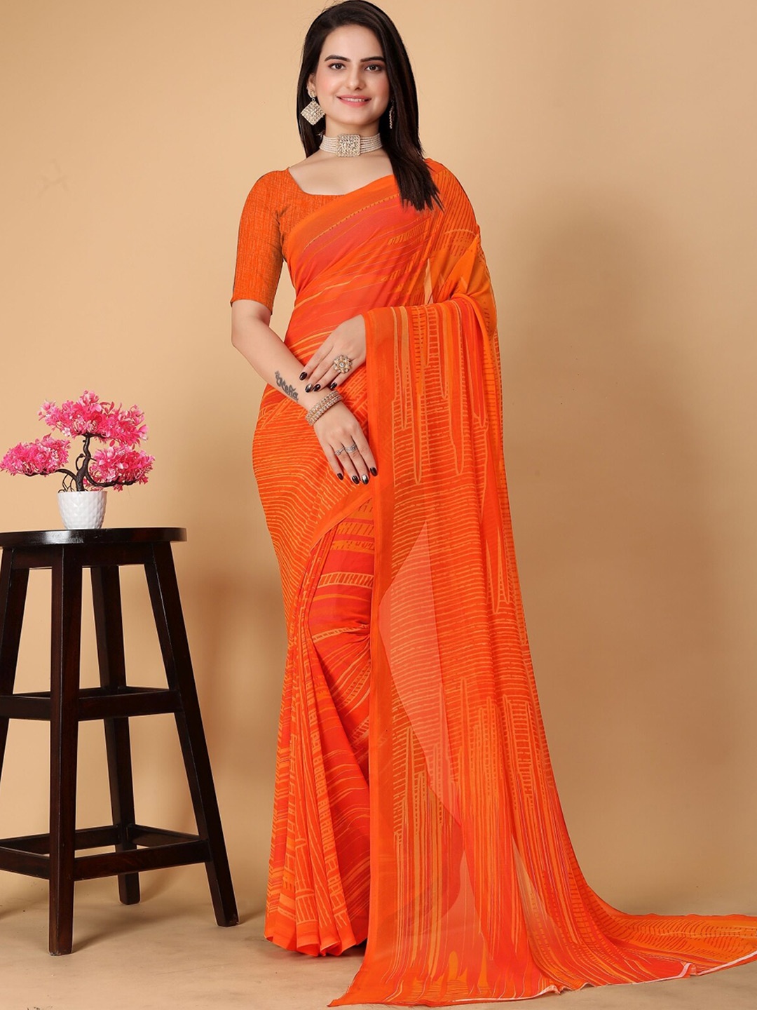 

KALINI Abstract Printed Pure Georgette Saree, Orange