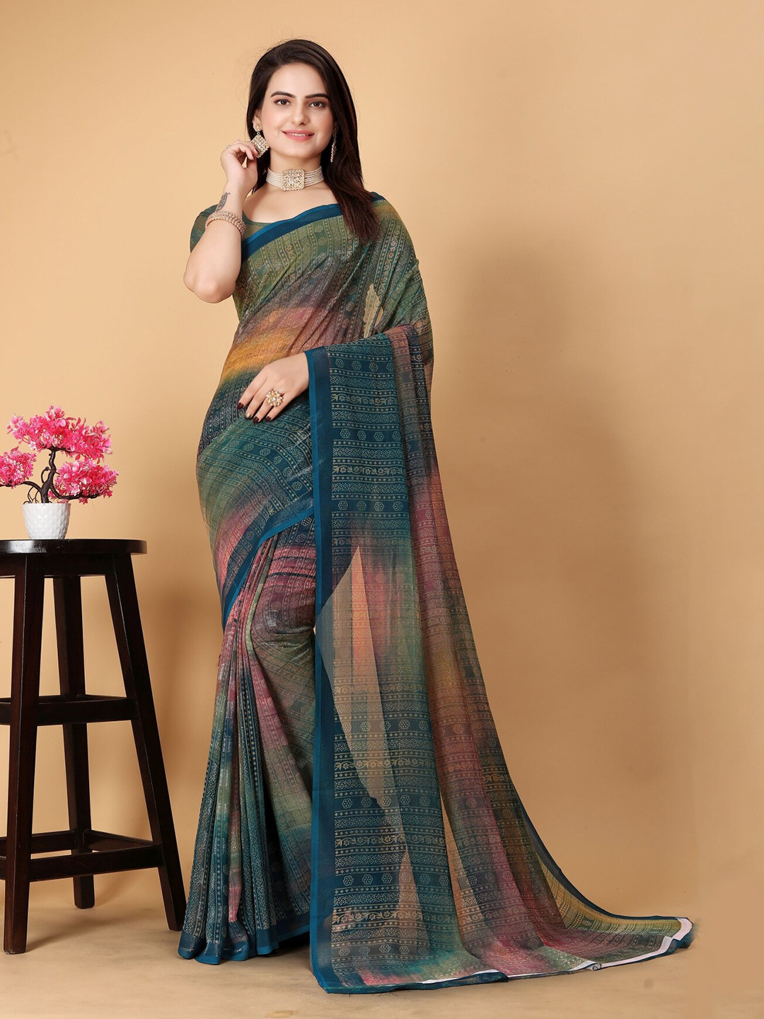 

KALINI Ethnic Motifs Printed Pure Georgette Saree, Teal