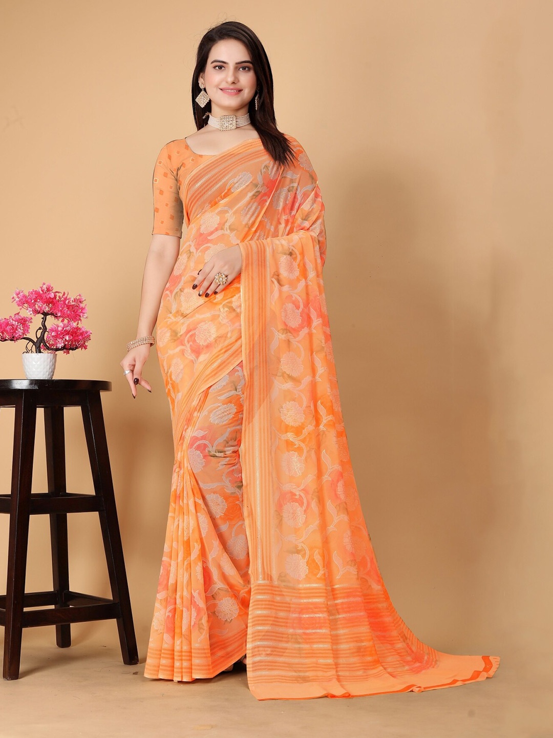 

KALINI Floral Printed Pure Georgette Saree, Orange