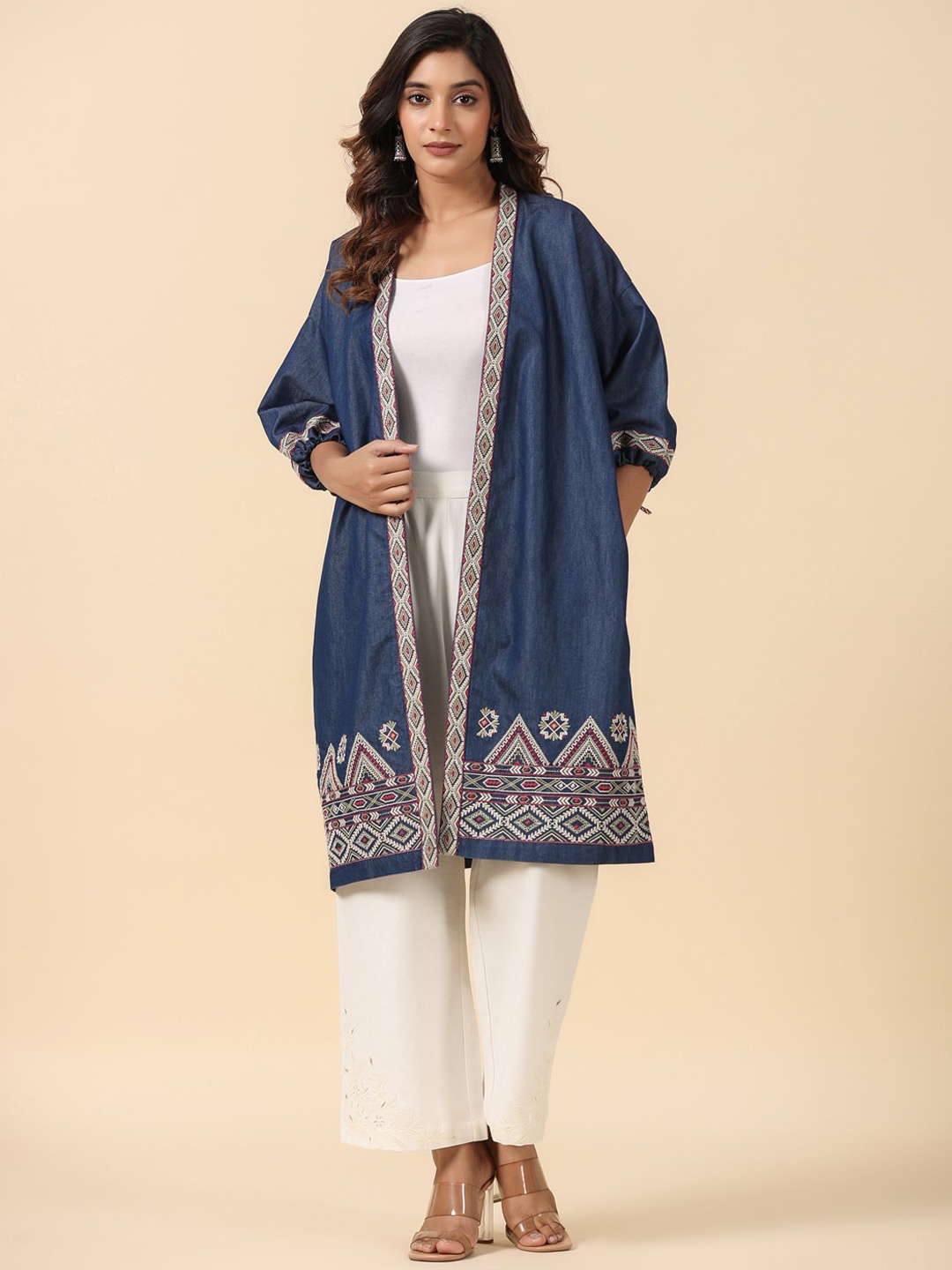 

SAVI Geometric Embroidered Longline Open Front Shrug, Blue