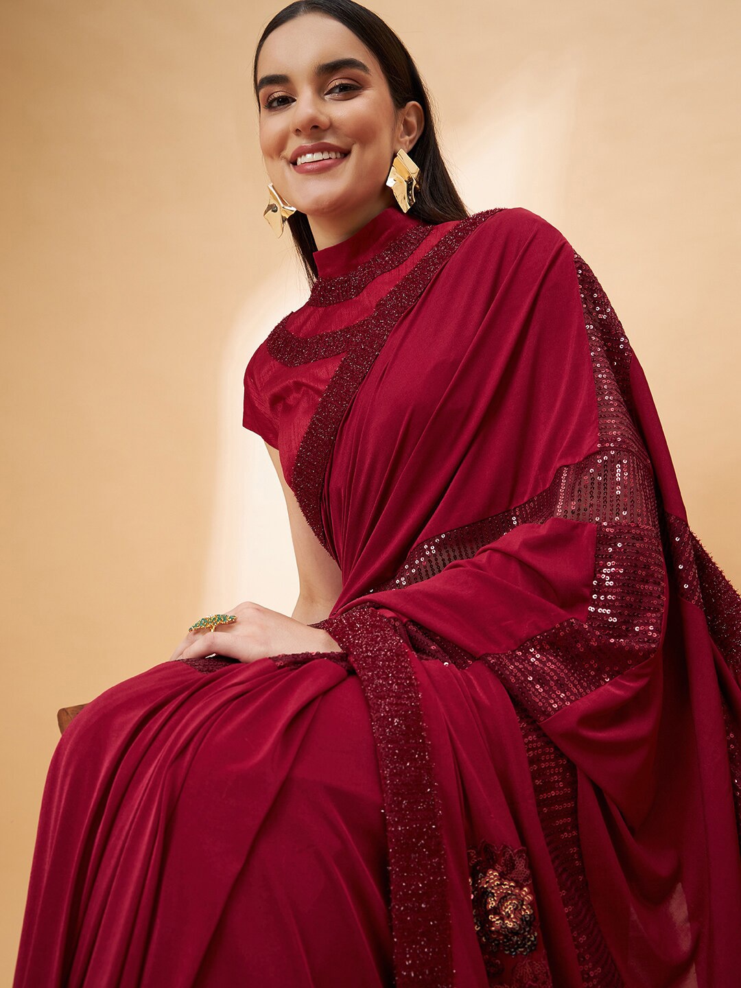 

all about you Red Embellished Sequinned Saree