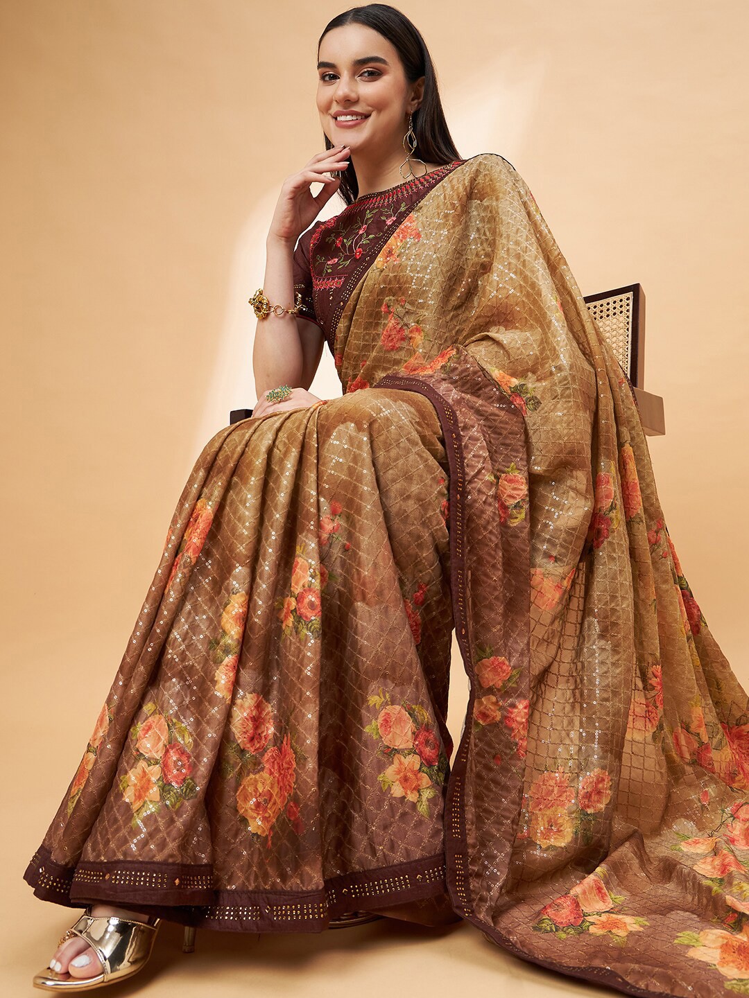 

all about you Beige & Brown Floral Printed Sequinned Pure Georgette Saree