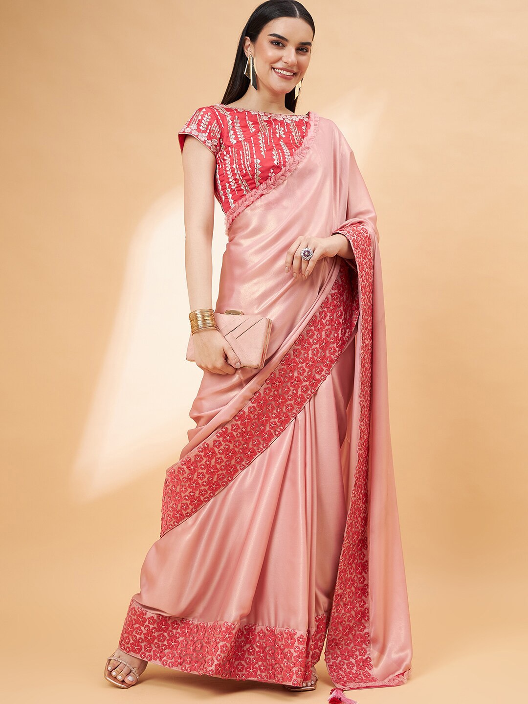 

all about you Pink & Red Embroidered Satin Georgette Saree