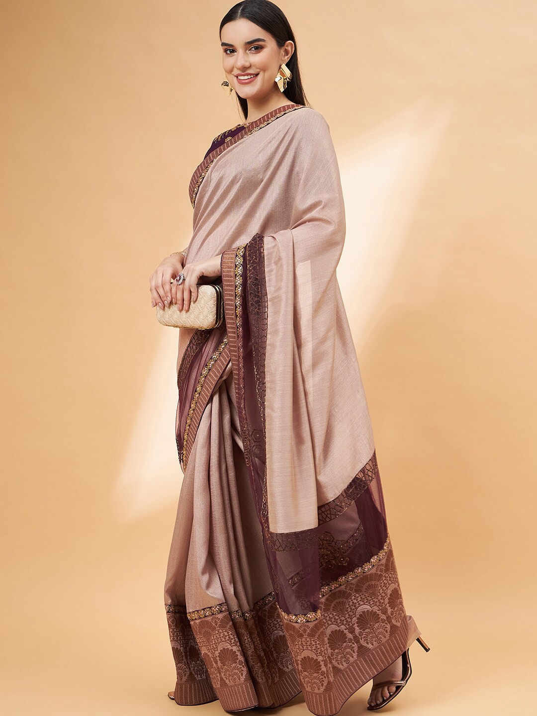 

all about you Beige & Purple Embroidered Tussar Silk Saree