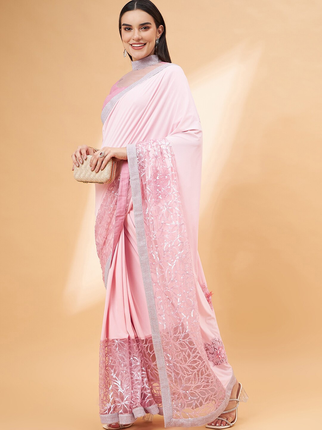 all about you Pink Floral Embroidered Sequinned Saree