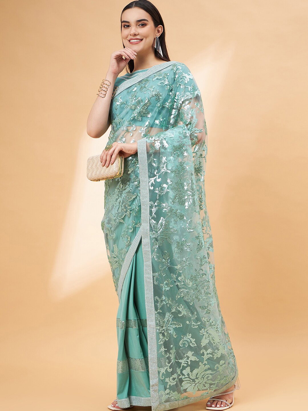 

all about you Turquoise Blue Floral Embellished Sequinned Saree