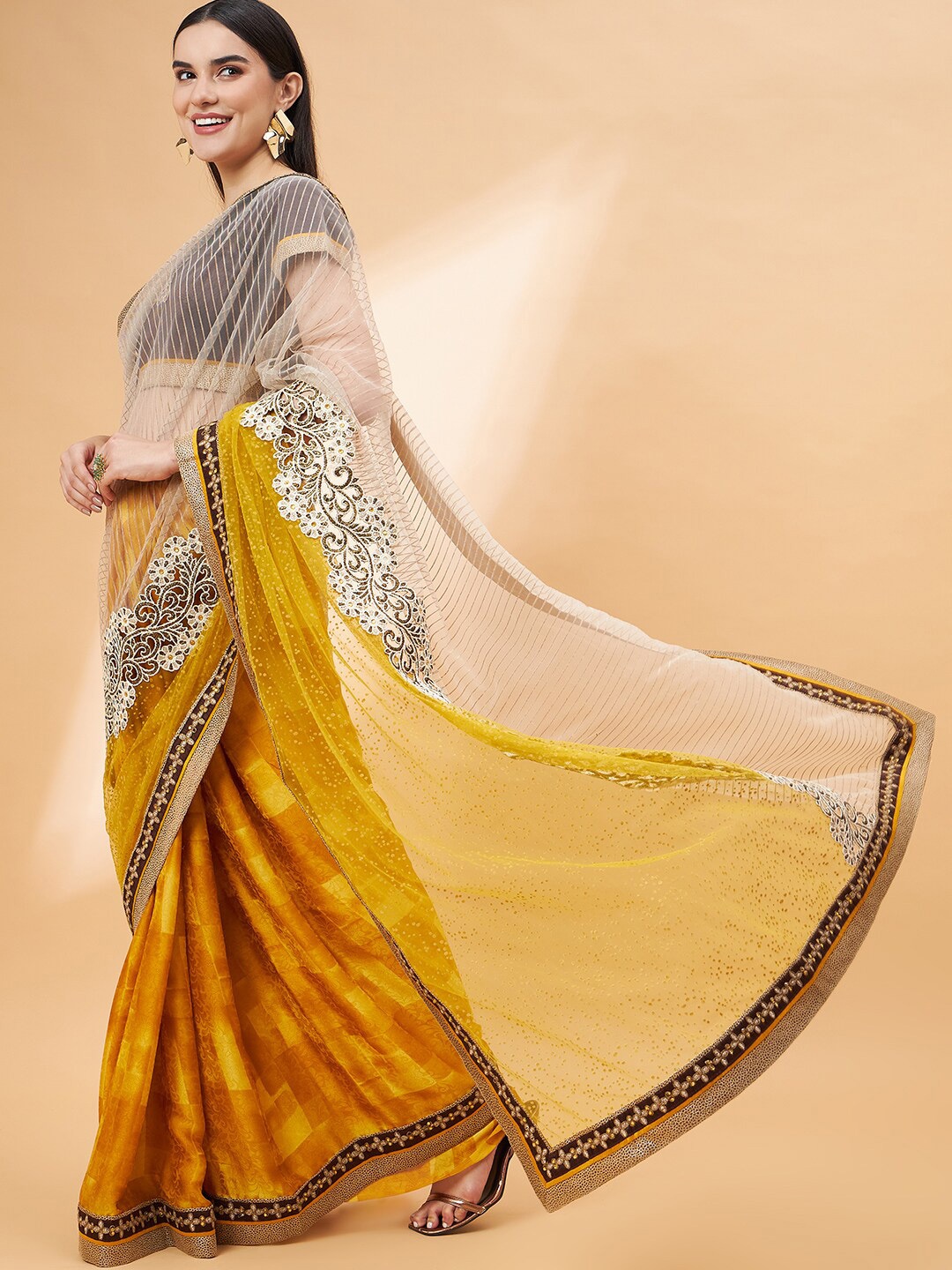 

all about you Mustard & Beige Ethnic Motifs Embroidered Pure Georgette Saree