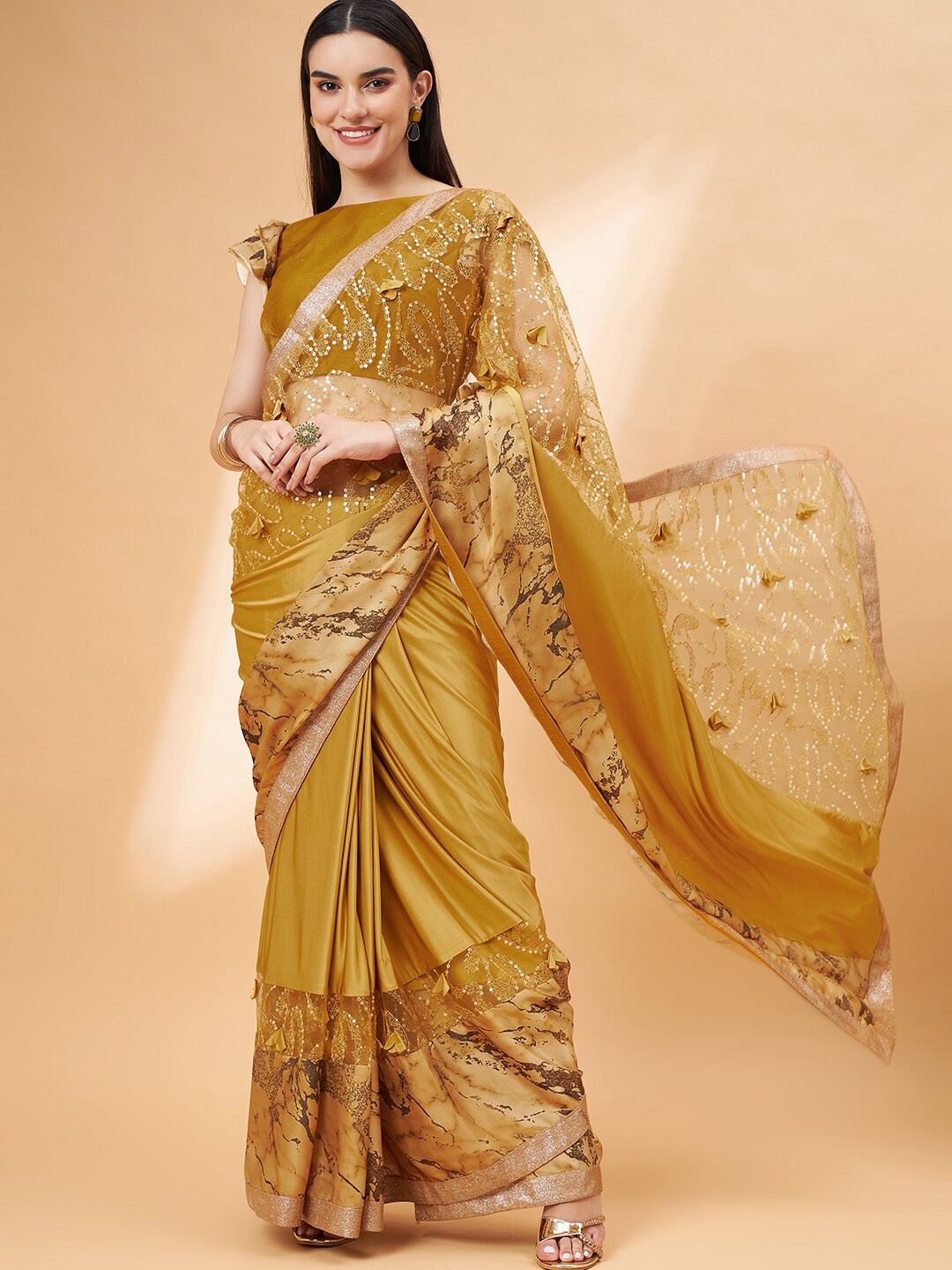 

all about you Mustard Yellow & Silver-Toned Ethnic Motifs Embroidered Sequinned Saree