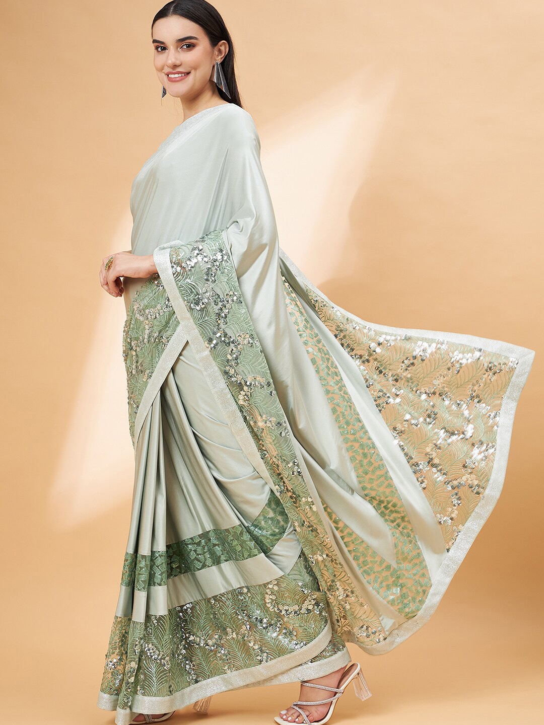 

all about you Turquoise Blue & Green Ethnic Motifs Embroidered Sequinned Saree