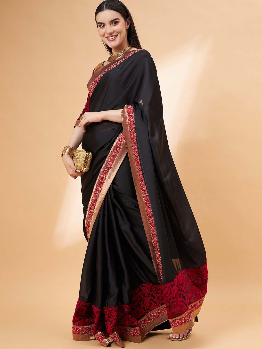 

all about you Black & Gold-Toned Beads and Stones Satin Saree