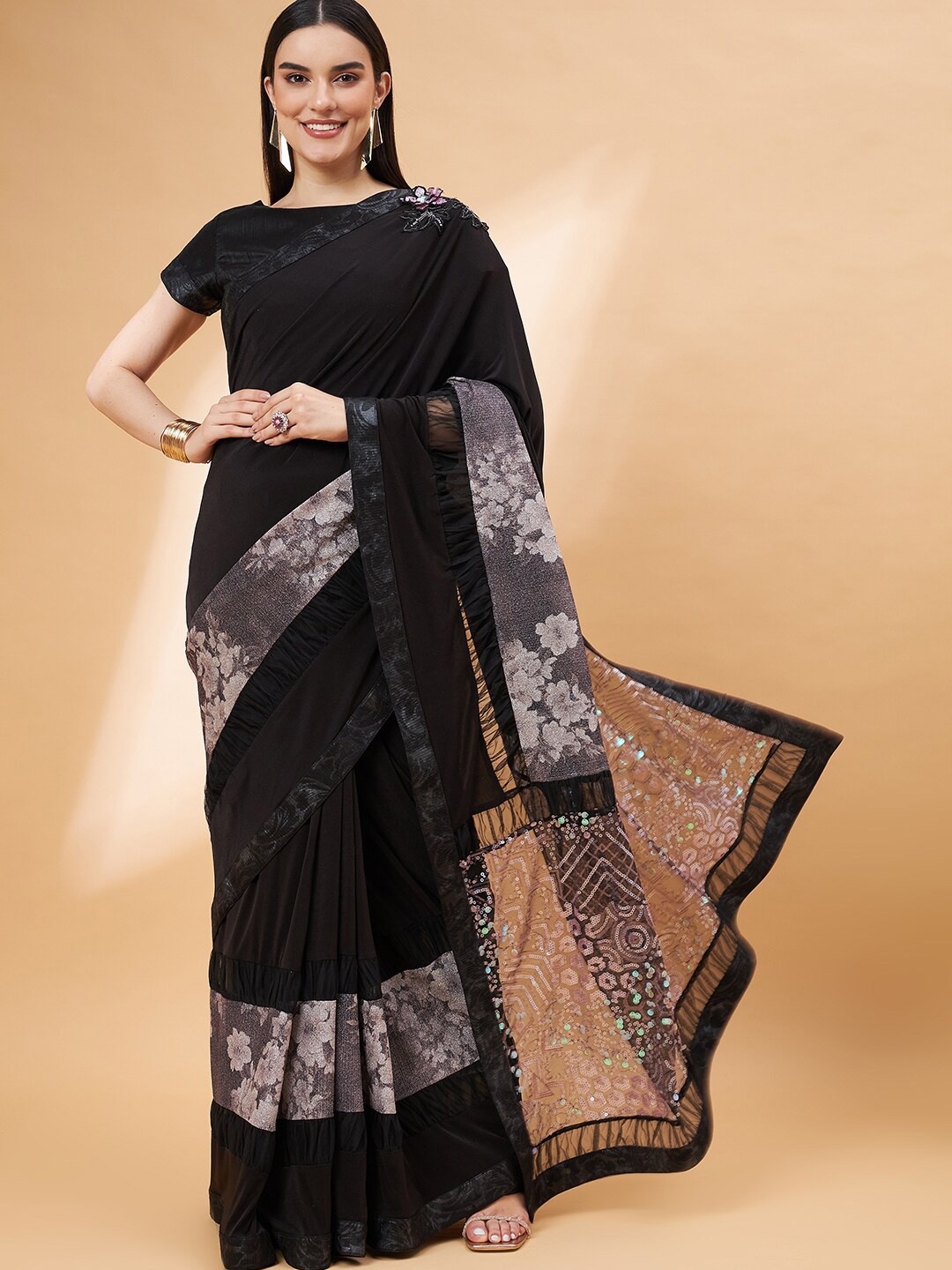 

all about you Black & Silver-Toned Floral Sequinned Saree