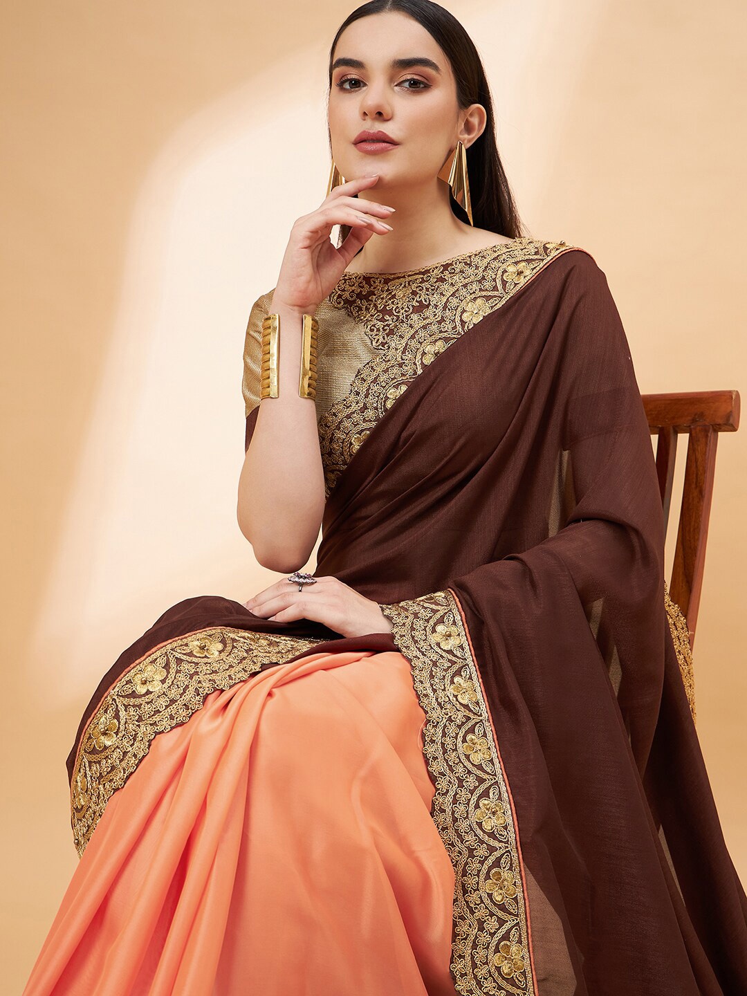

all about you Brown & Orange Colourblocked Embroidered Pure Georgette Saree