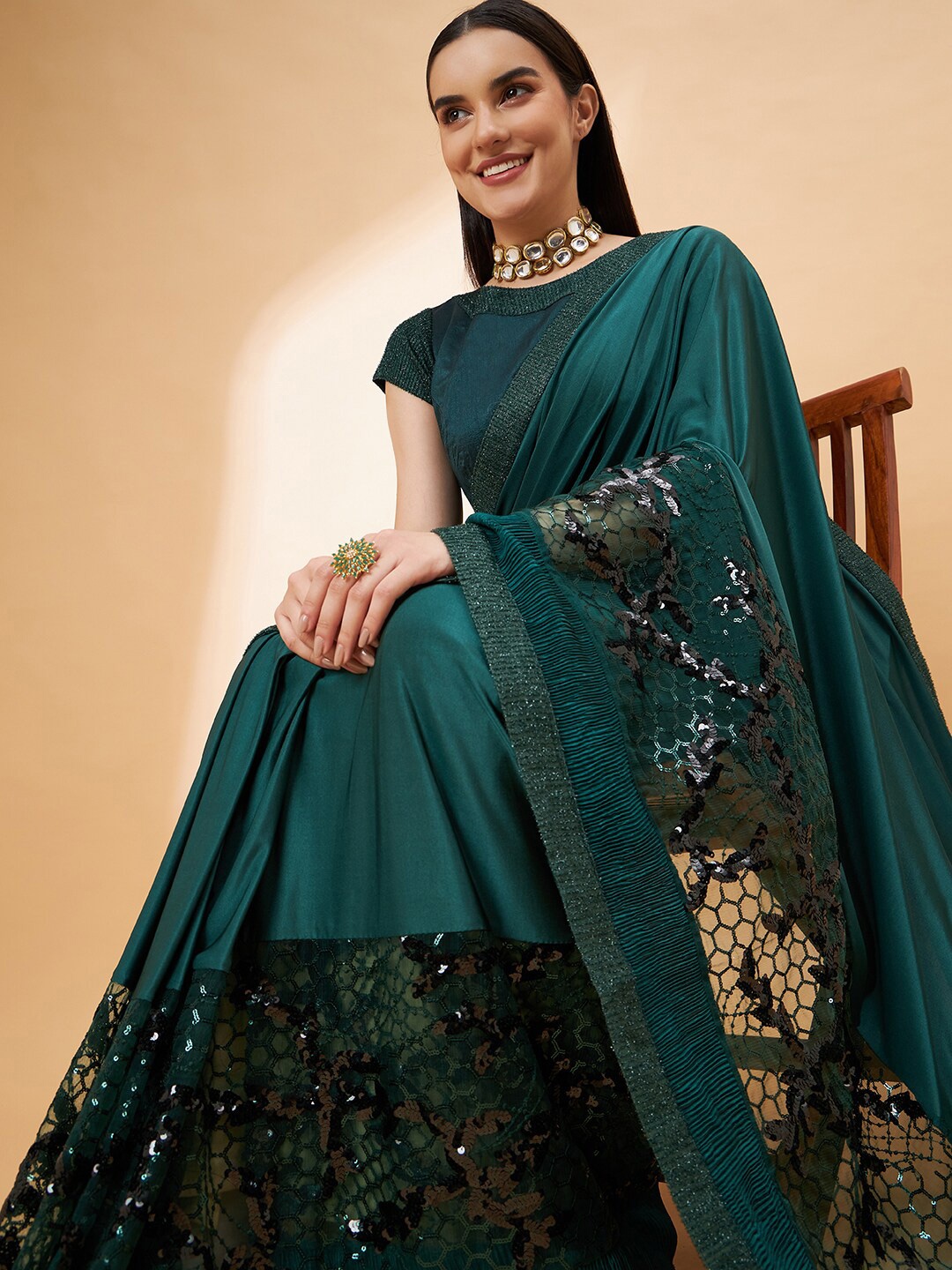 

all about you Green & Black Solid Sequinned Saree