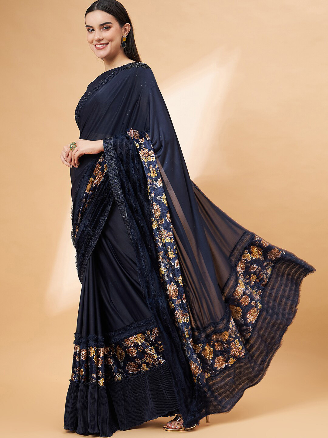 

all about you Navy Blue & Brown Embellished Embroidered Pure Georgette Saree