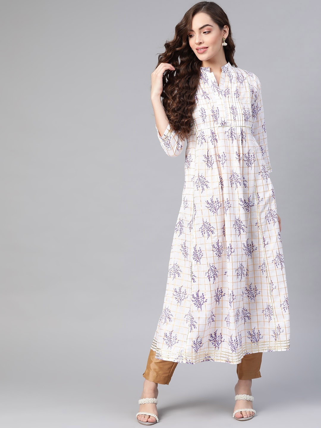 

KALINI Floral Printed Mandarin Collar Cotton Pleated Kurta, White