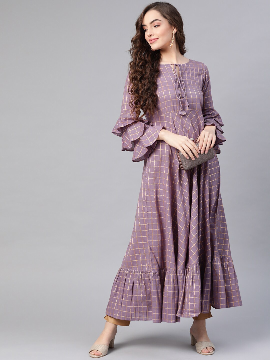 

KALINI Checked Bell Sleeves Cotton Anarkali Kurta, Mauve