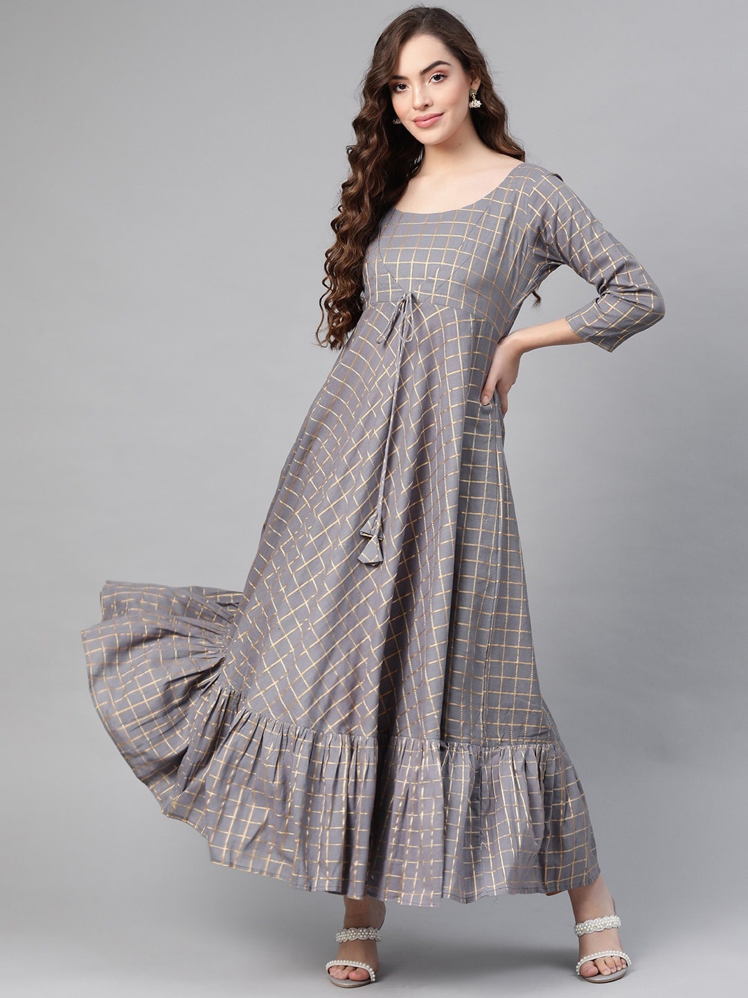 

KALINI Checked Round Neck Cotton Fit and Flare Maxi Ethnic Dress, Grey