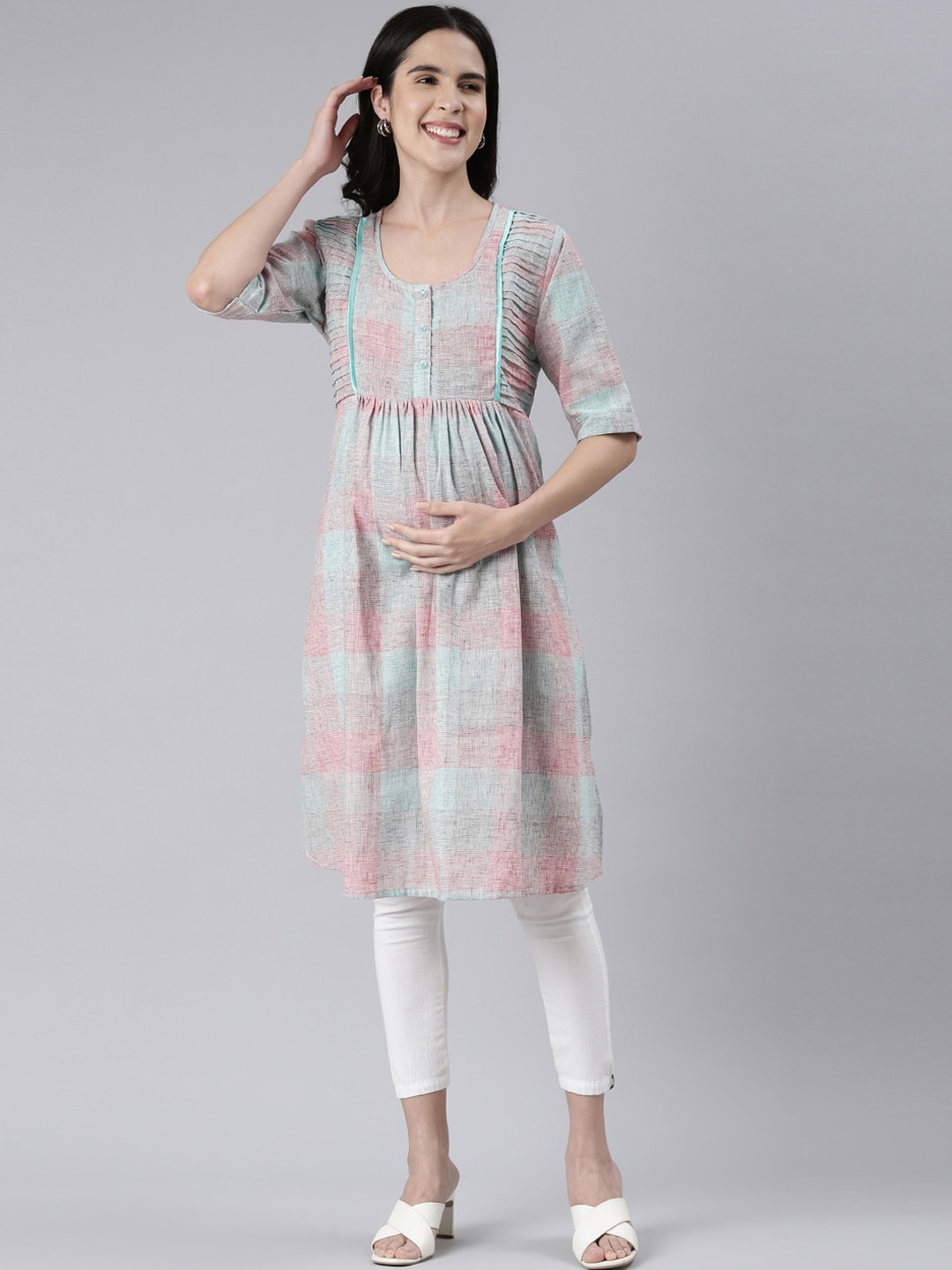 

GOLDSTROMS Striped Maternity Straight Kurta, Sea green