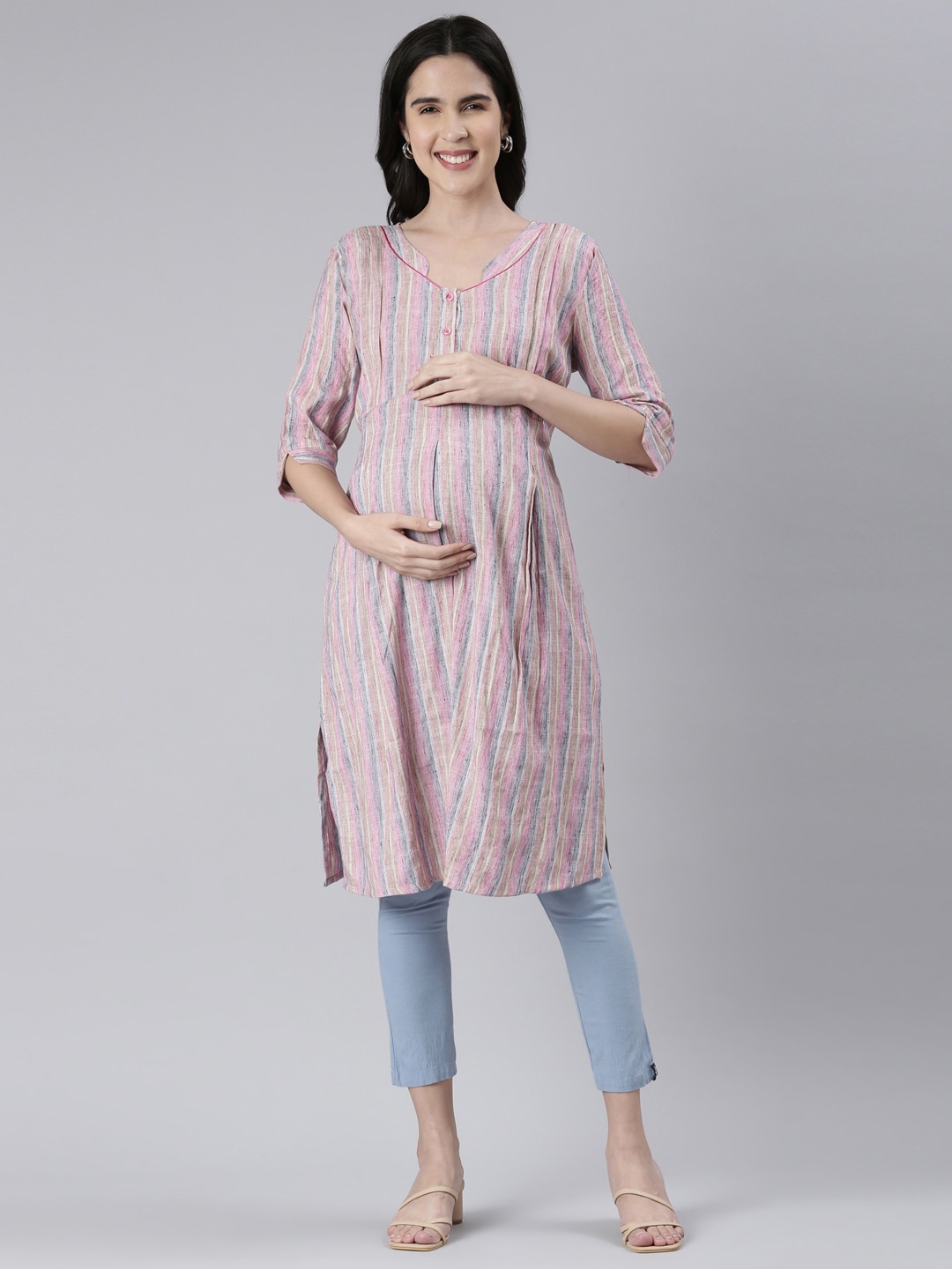 

GOLDSTROMS Striped Woven Designed V-Neck Straight Maternity Kurta, Pink