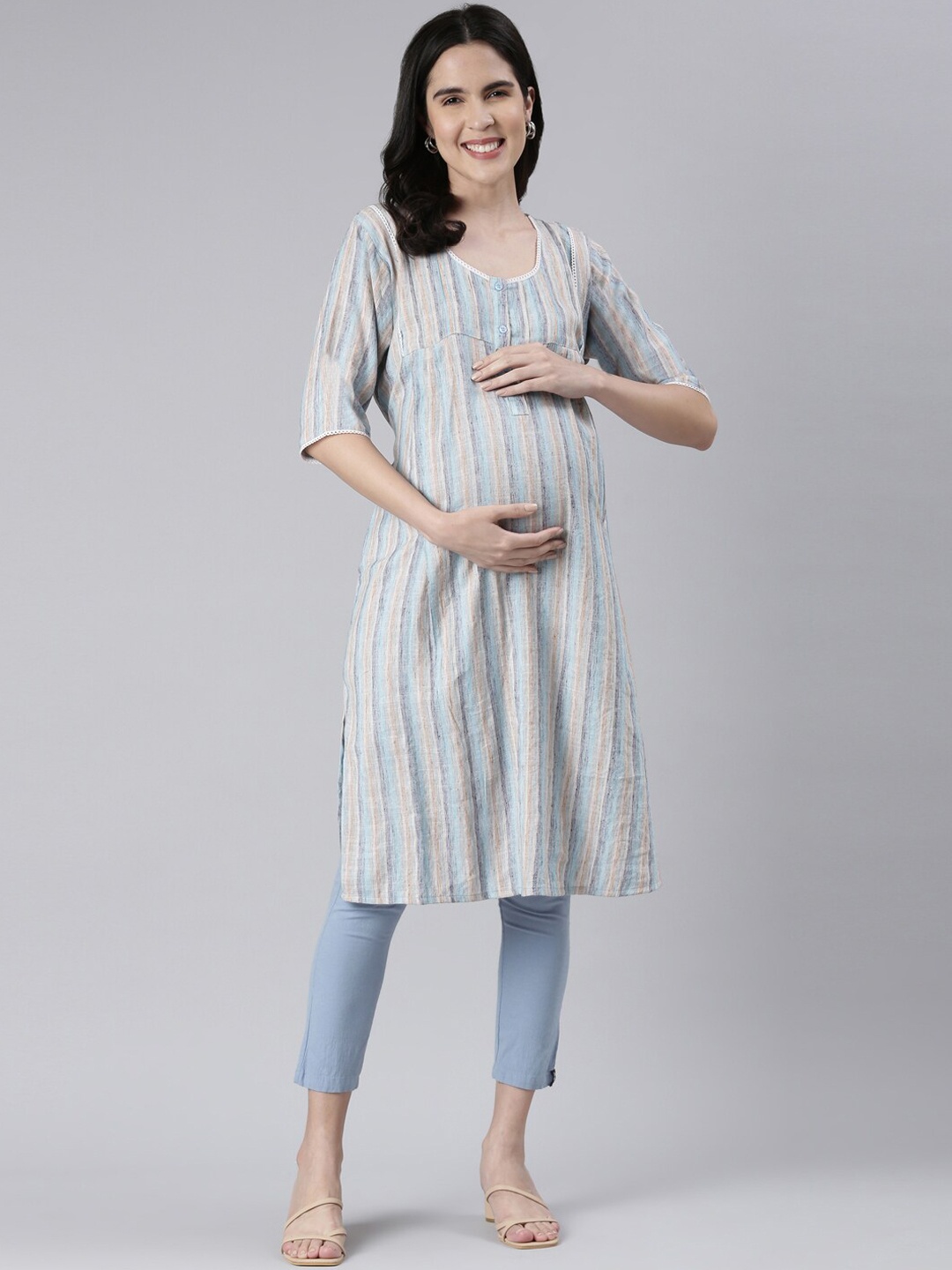 

GOLDSTROMS Striped Maternity Straight Kurta, Blue