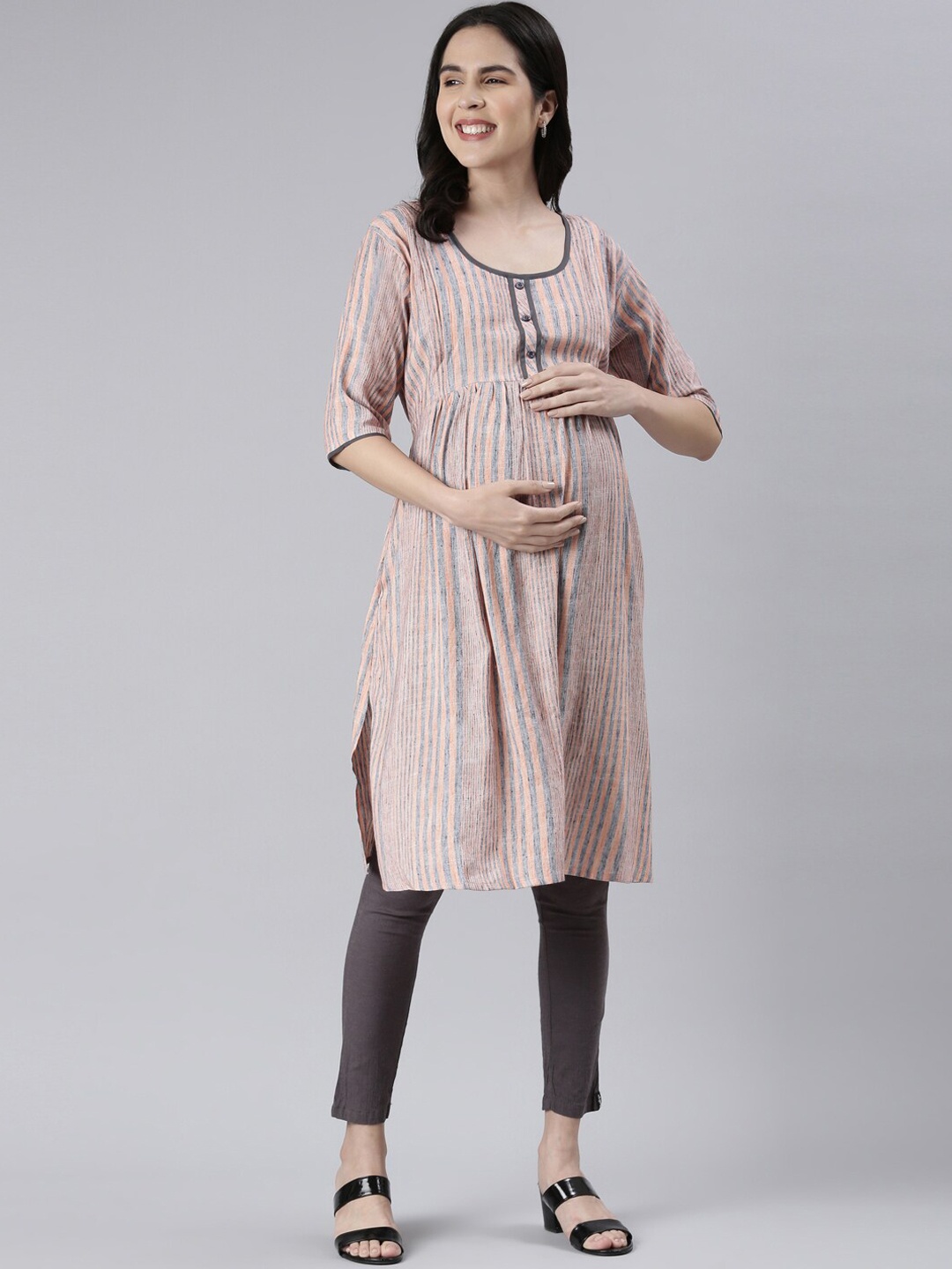 

GOLDSTROMS Striped Woven Designed V-Neck Straight Maternity Kurta, Peach