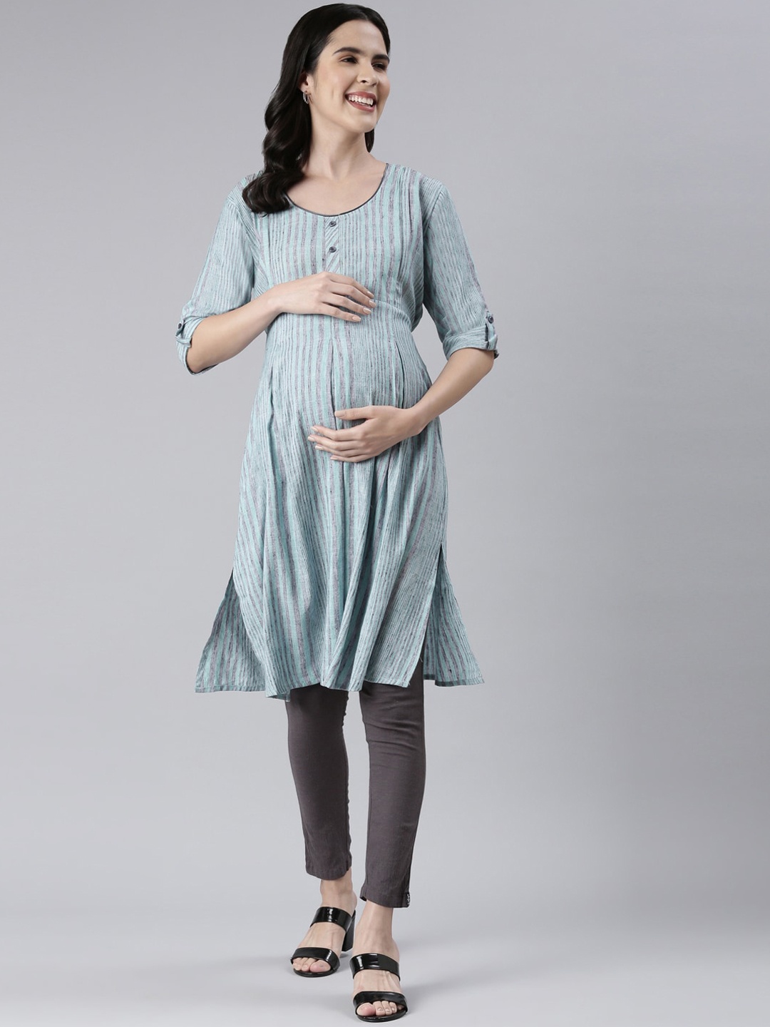 

GOLDSTROMS Striped Maternity Straight Kurta, Sea green