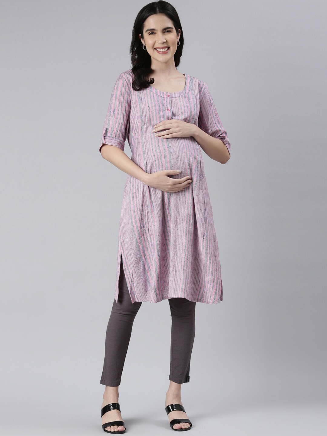 

GOLDSTROMS Striped Scoop Neck Straight Maternity Kurta, Pink