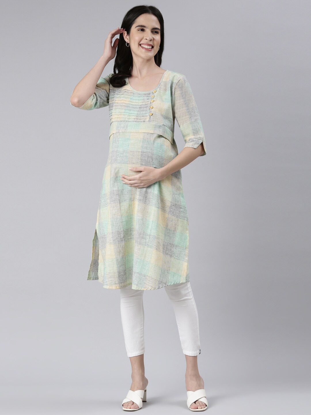 

GOLDSTROMS Checked Scoop Neck Straight Maternity Kurta, Green