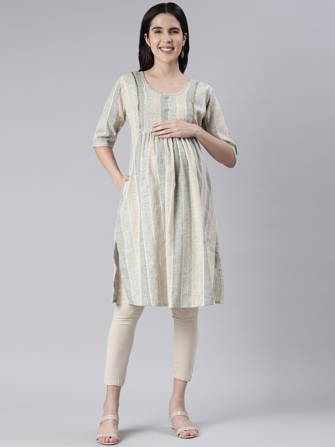 

GOLDSTROMS Striped Straight Maternity Kurta, Green