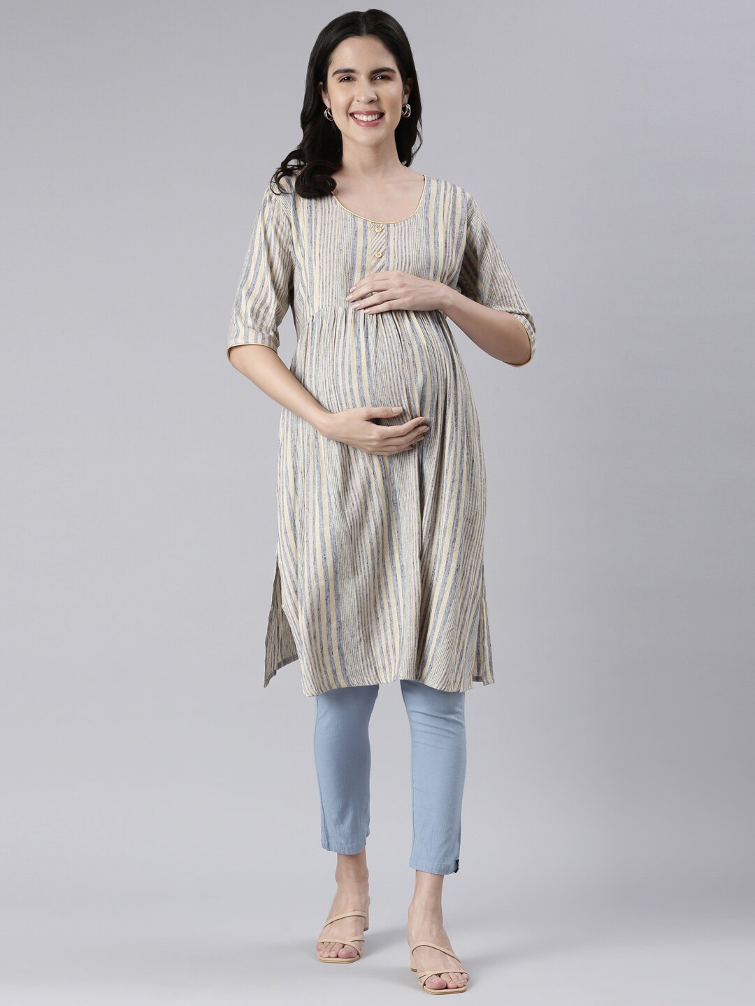 

GOLDSTROMS Striped Straight Maternity Kurta, Yellow