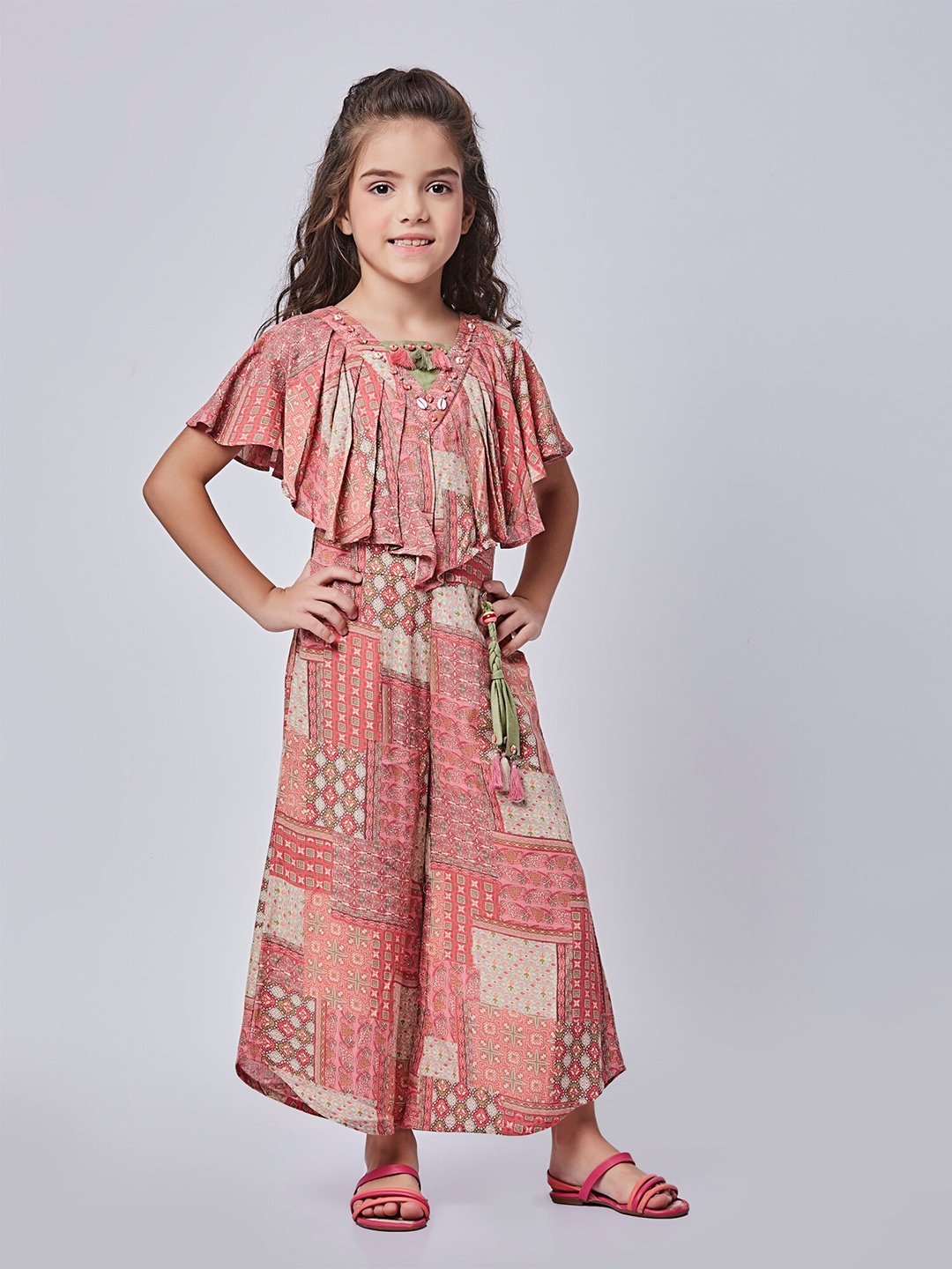 

Peppermint Girls Ethnic Motifs Printed Flared Sleeves Waist Tie-Ups Basic Jumpsuit, Peach