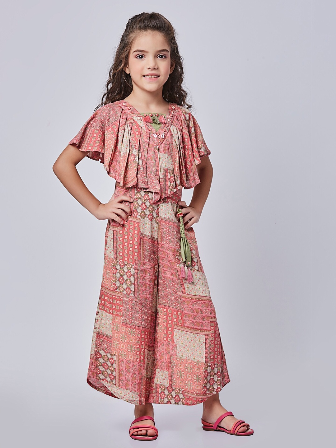 

Peppermint Girls Ethnic Motifs Printed Flared Sleeves Waist Tie-Ups Basic Jumpsuit, Peach