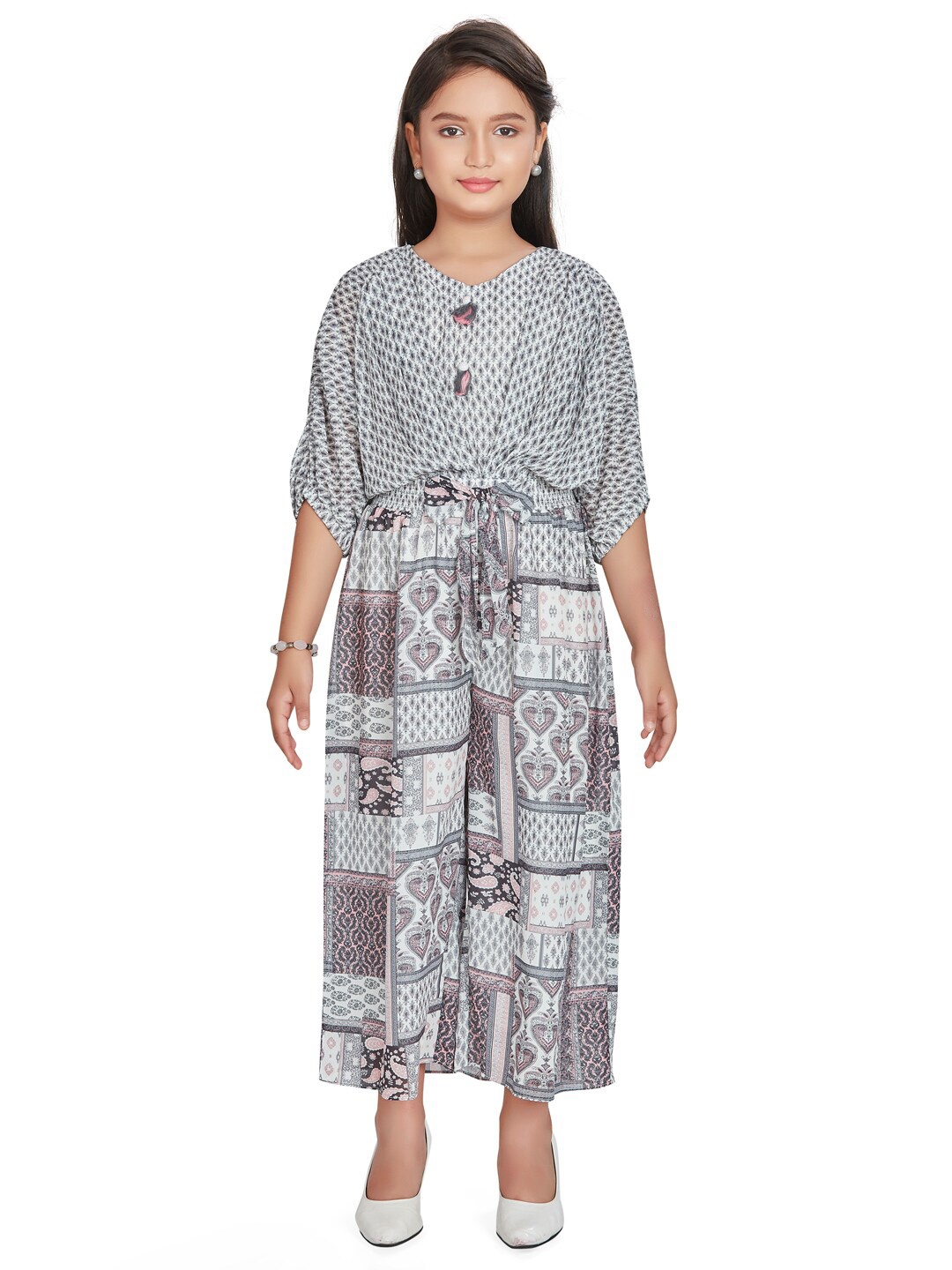 

Peppermint Girls Ethnic Motifs Printed Waist Tie-Ups Basic Jumpsuit, Grey
